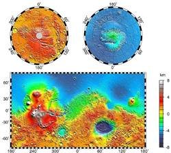 Se puede ver clara la diferencia entre la superficie del hemisferio norte y el sur de Marte. A la izquierda y centrado, el Monte Olimpo, en la region de Tharsis